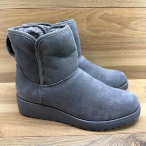 UGG Kristin Womens Boots Size 6.5 Gray Suede Ankle Short Shearling Fur Wedge
